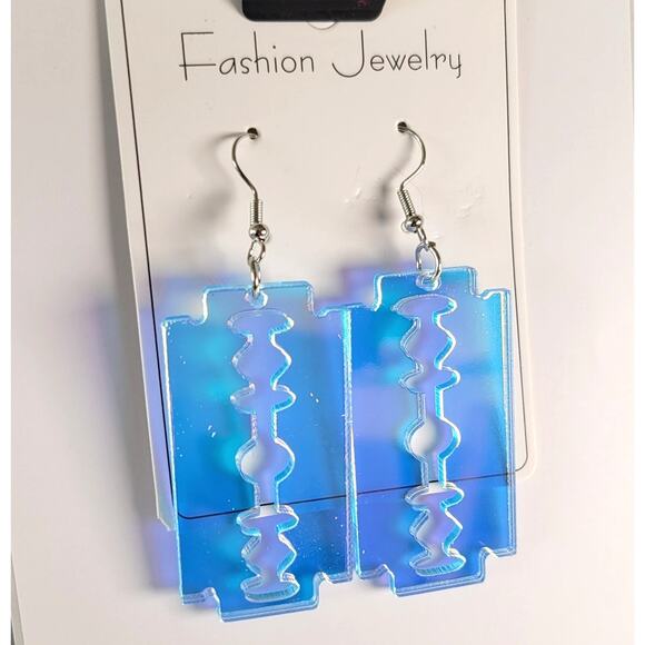 Acrylic Razor Blade Earrings Iridescent Blue Dangle Pierced Alt  Whimsygoth - Picture 7 of 9